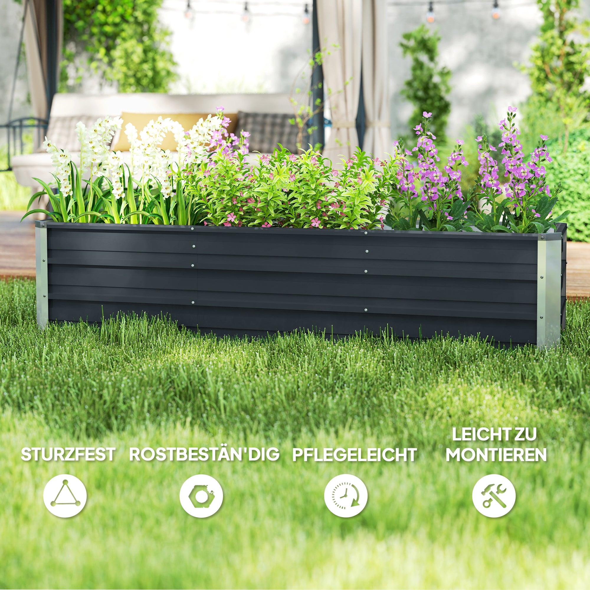 Steel Raised Garden Bed Planter Flower Box Flower Pot with Gloves Grey 183 x 47 x 40 cm