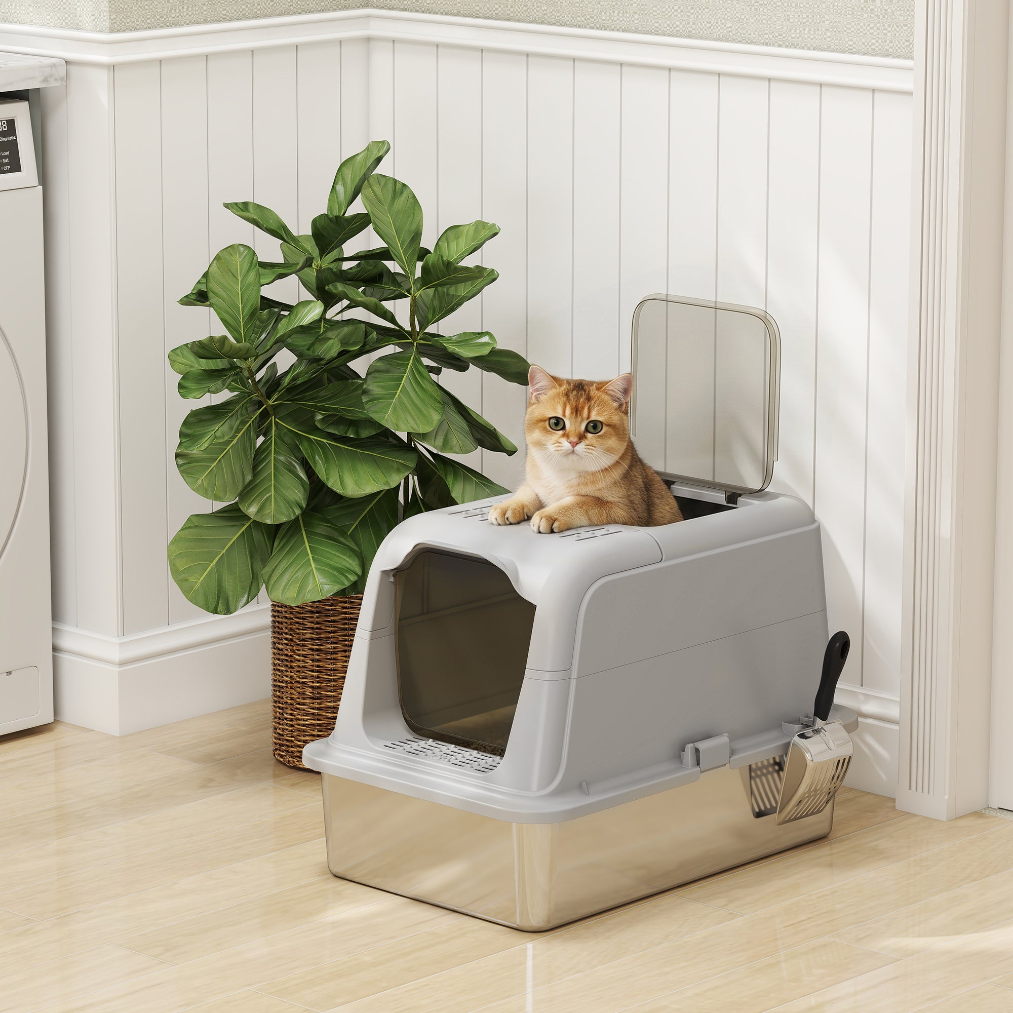 Covered Cat Litter Box with Stainless Steel Tray — Anti-Tracking, Leak-Resistant, Easy-Clean; For Large Cats up to 8 kg (17.6 lb), 60.4 x 40.4 x 41.8 cm (23.8 x 15.9 x 16.5 in), Light Gray & Black