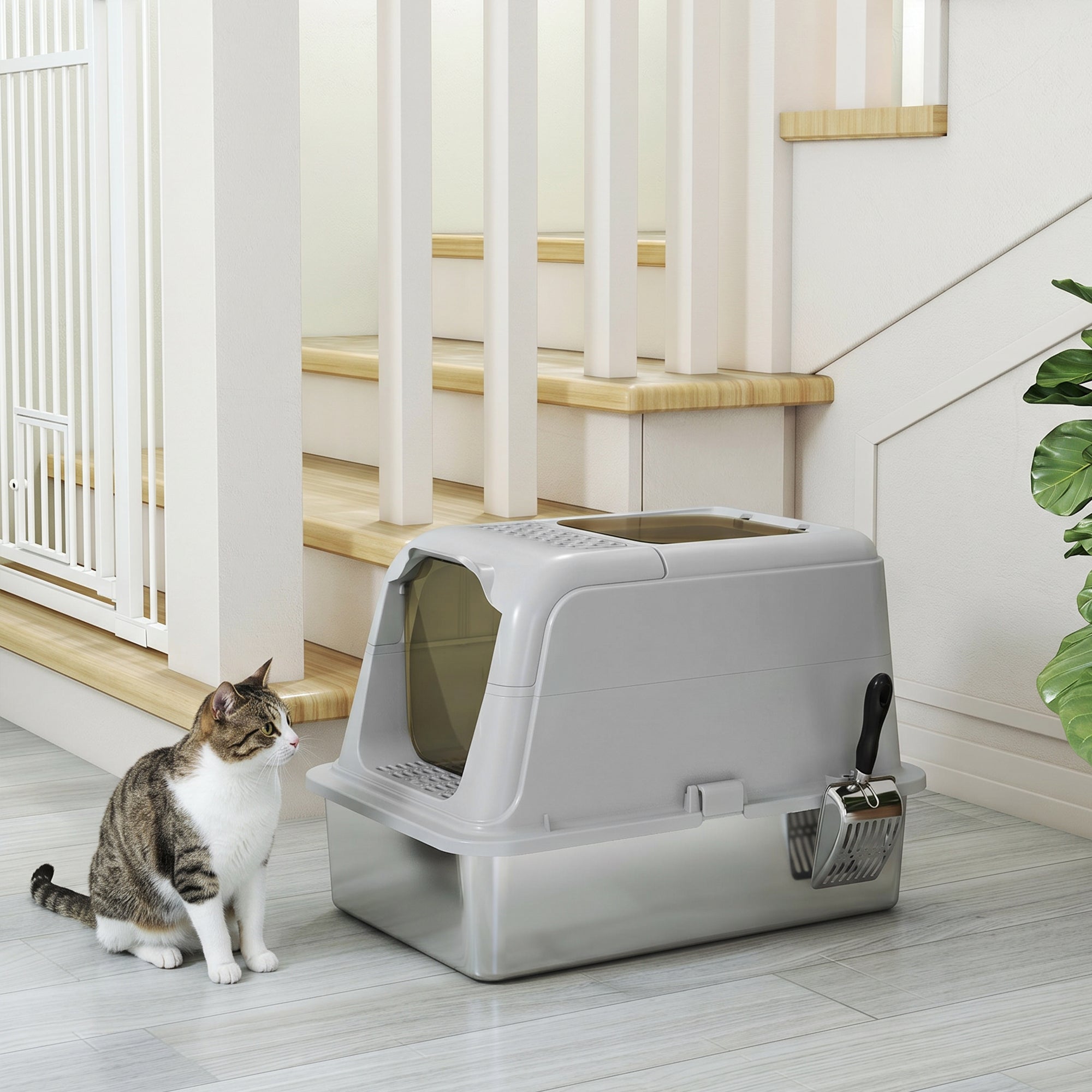 Covered Cat Litter Box with Stainless Steel Tray — Anti-Tracking, Leak-Resistant, Easy-Clean; For Large Cats up to 8 kg (17.6 lb), 60.4 x 40.4 x 41.8 cm (23.8 x 15.9 x 16.5 in), Light Gray & Black