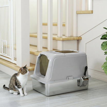 Covered Cat Litter Box with Stainless Steel Tray — Anti-Tracking, Leak-Resistant, Easy-Clean; For Large Cats up to 8 kg (17.6 lb), 60.4 x 40.4 x 41.8 cm (23.8 x 15.9 x 16.5 in), Light Gray & Black