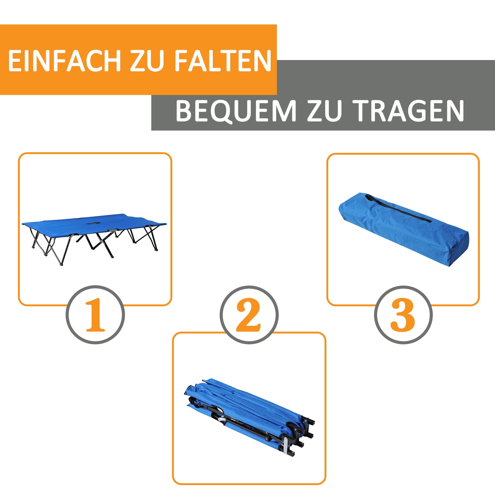 Folding Camping Bed for 2 People Double Camp Bed with Carry Bag Supports up to 136 kg Steel Oxford Blue+Black 193 x 125 x 40 cm