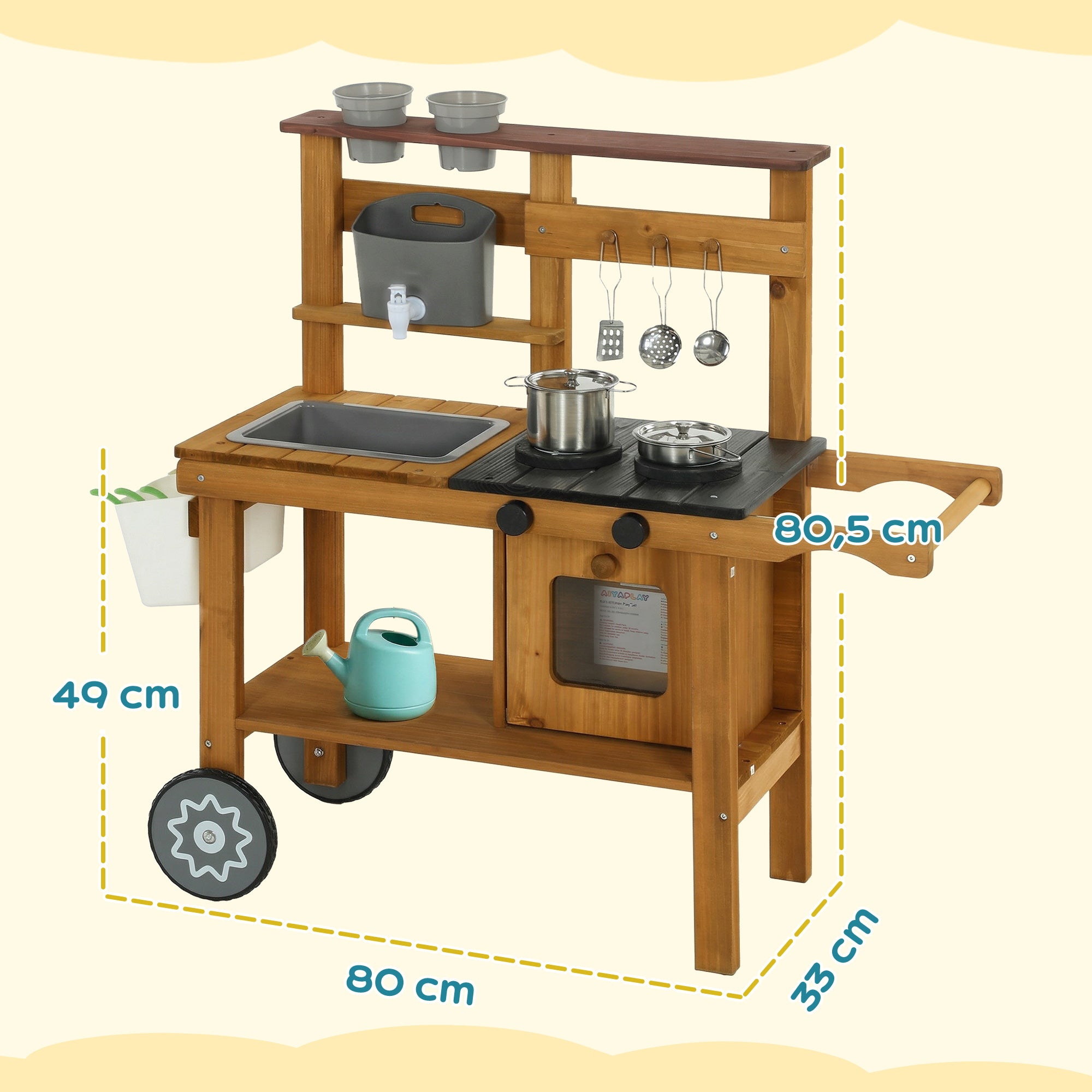 Kids Outdoor Mud Kitchen — Wooden Play Kitchen with Faucet, Sink, Planter, Wheels, Storage & Stainless-Steel Accessories for Ages 3–6, Brown