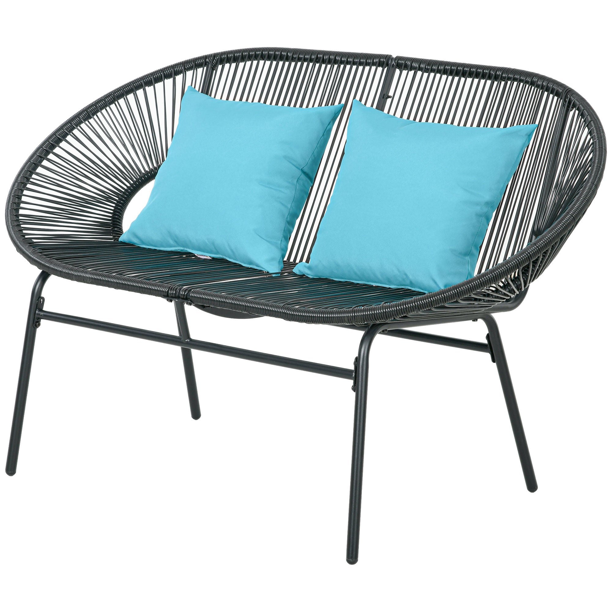 2-Seater Garden Bench in Steel and Resin Cord with 2 Cushions - dim. 132L x 72W x 83H cm - black