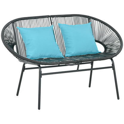2-Seater Garden Bench in Steel and Resin Cord with 2 Cushions - dim. 132L x 72W x 83H cm - black