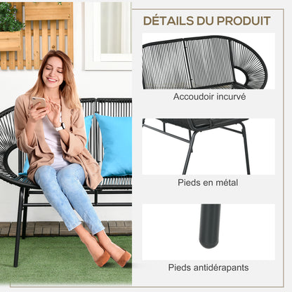 2-Seater Garden Bench in Steel and Resin Cord with 2 Cushions - dim. 132L x 72W x 83H cm - black