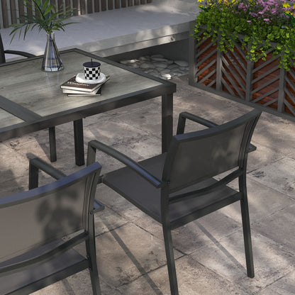 5 pcs. garden furniture set, garden set with 1 dining table, 4 stackable chairs, seating group, for terrace, mesh, dark gray