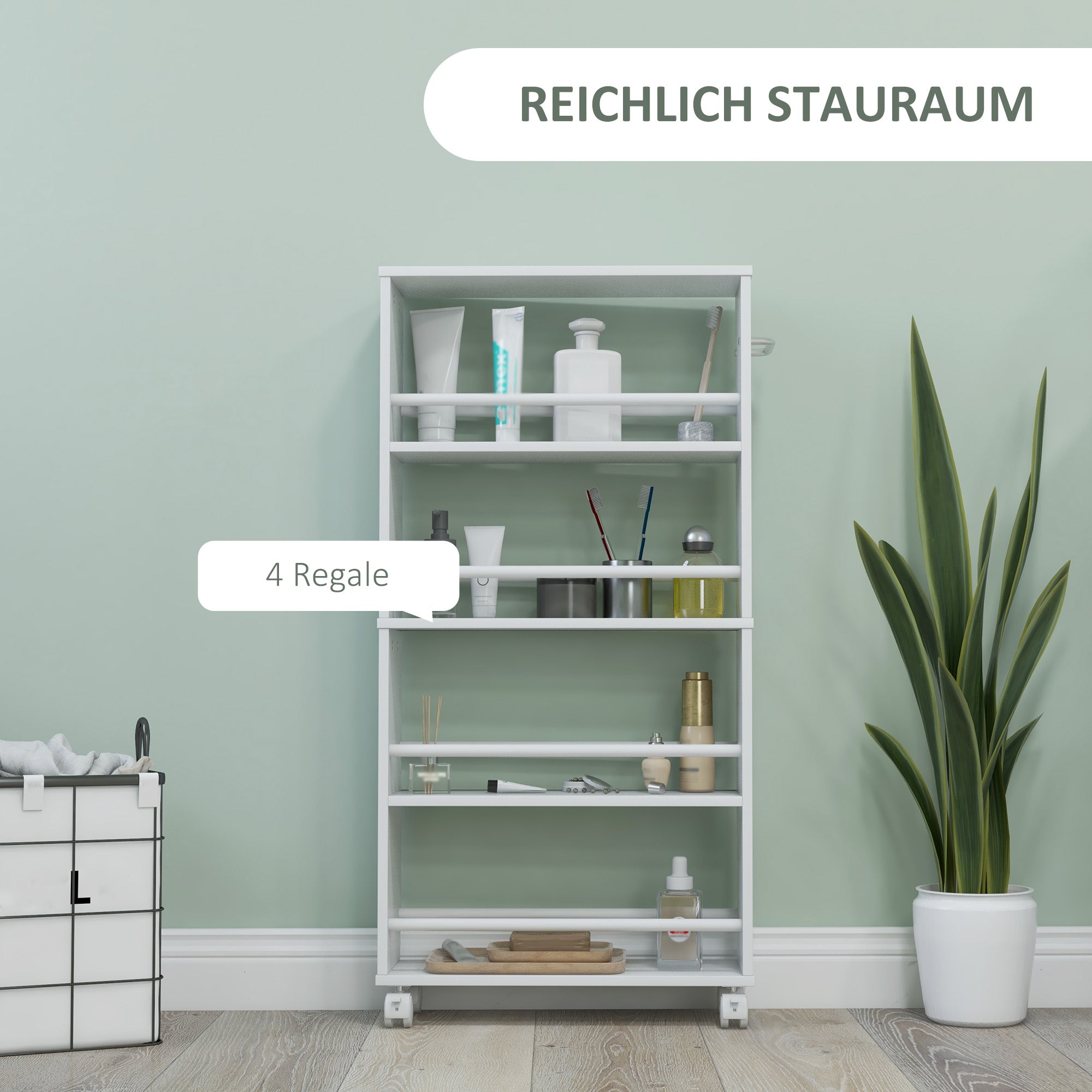 Serving Trolley with 4 Levels Kitchen Trolley with Wheels Handles Utility Cart with Brakes Slim Kitchen Shelf Kitchen Trolley for Kitchen Office Bathroom, White