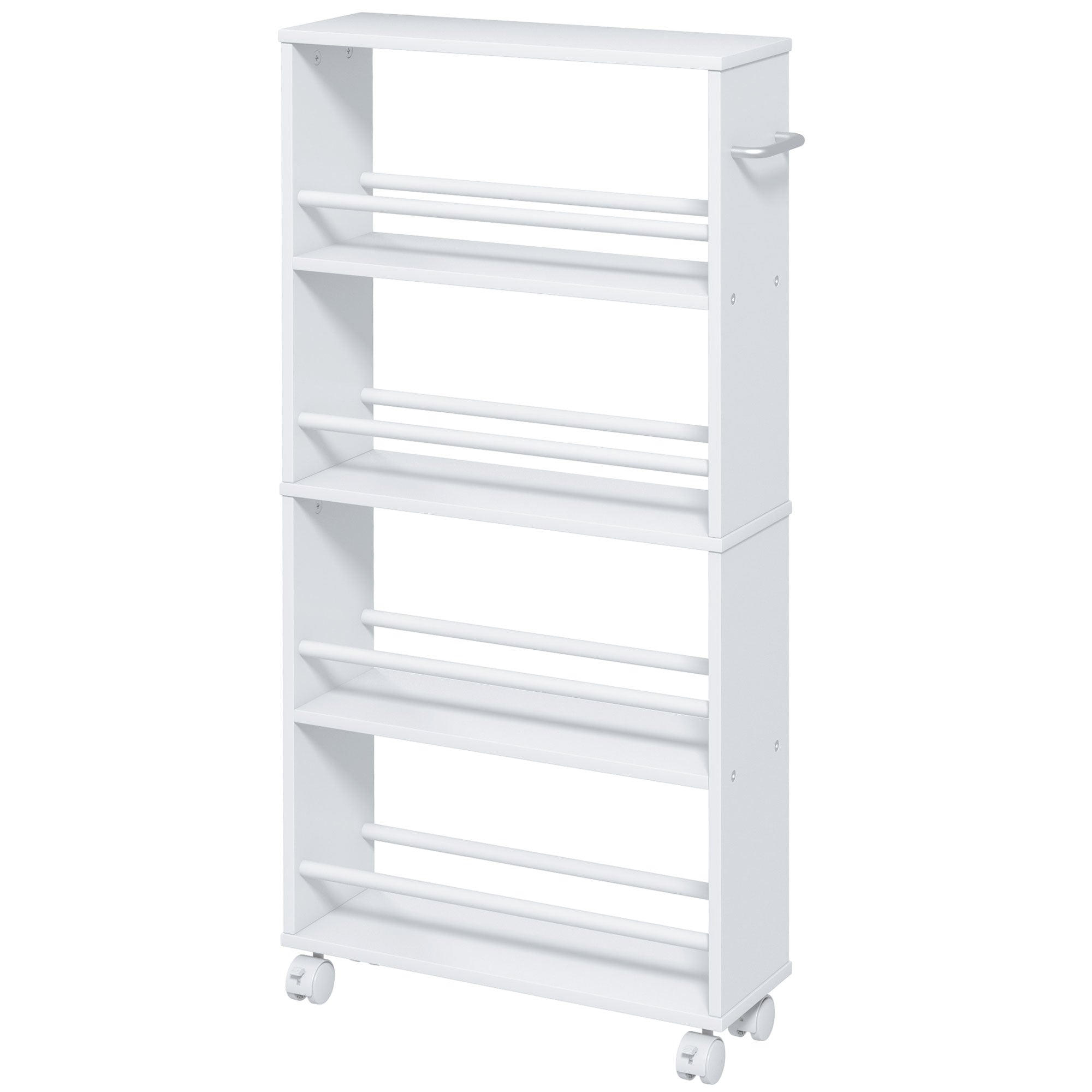 Serving Trolley with 4 Levels Kitchen Trolley with Wheels Handles Utility Cart with Brakes Slim Kitchen Shelf Kitchen Trolley for Kitchen Office Bathroom, White