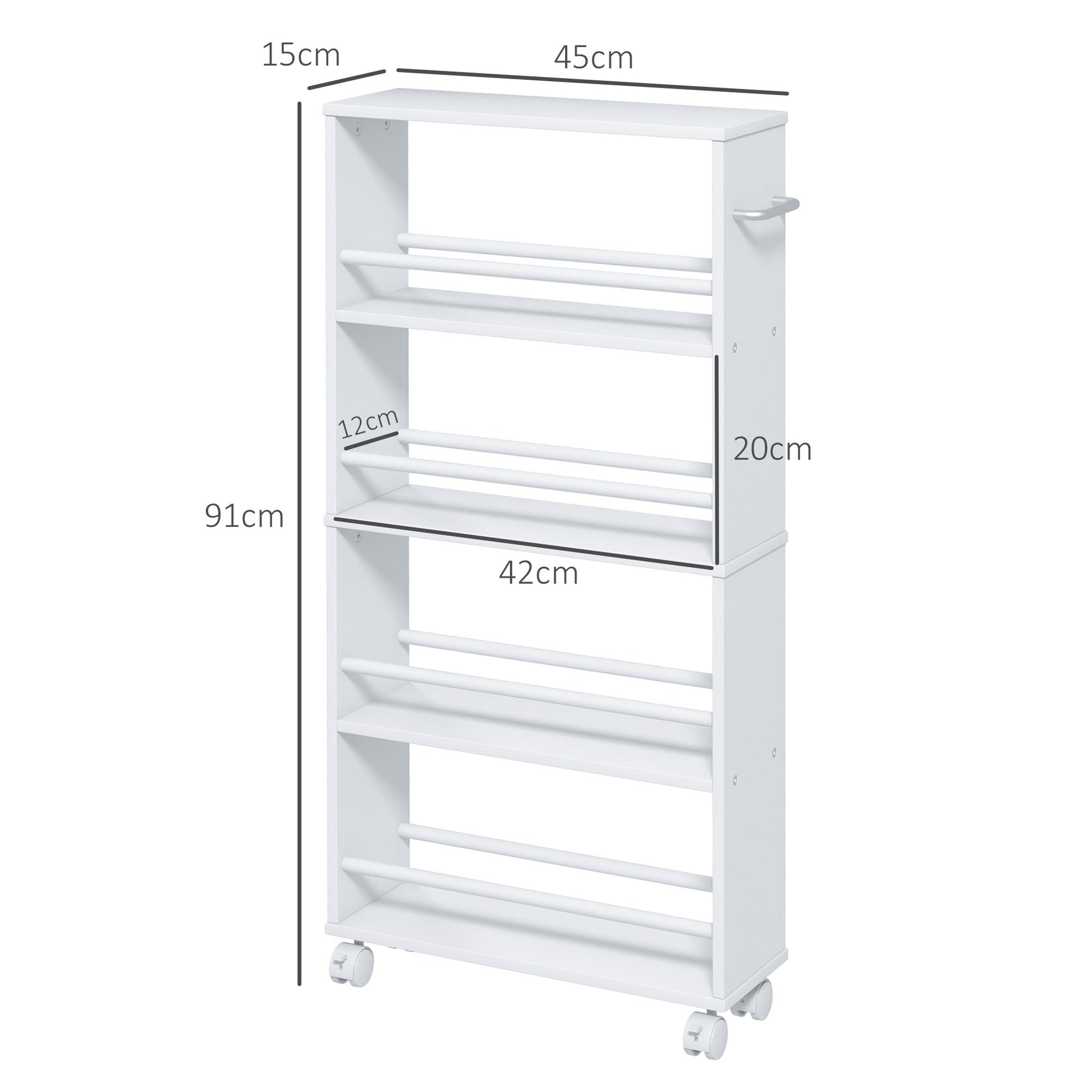 Serving Trolley with 4 Levels Kitchen Trolley with Wheels Handles Utility Cart with Brakes Slim Kitchen Shelf Kitchen Trolley for Kitchen Office Bathroom, White