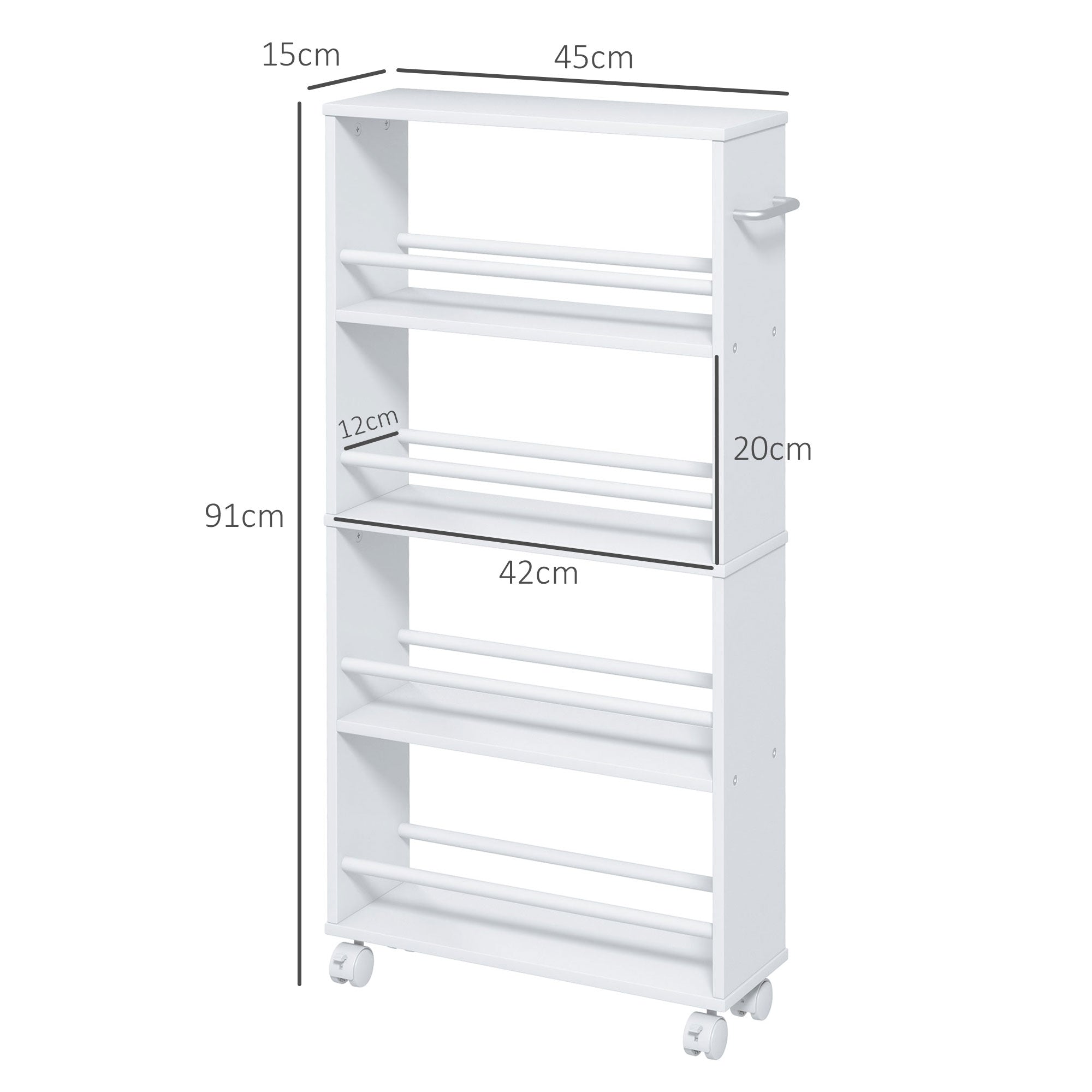 Serving Trolley with 4 Levels Kitchen Trolley with Wheels Handles Utility Cart with Brakes Slim Kitchen Shelf Kitchen Trolley for Kitchen Office Bathroom, White
