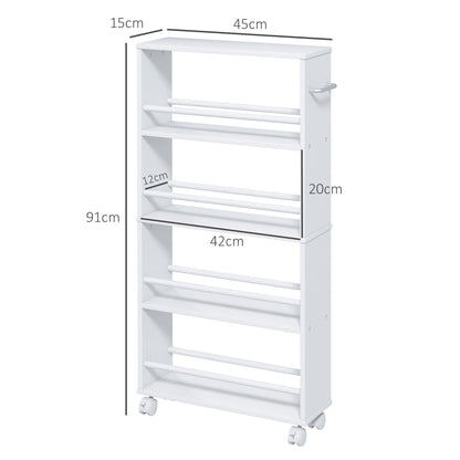 Serving Trolley with 4 Levels Kitchen Trolley with Wheels Handles Utility Cart with Brakes Slim Kitchen Shelf Kitchen Trolley for Kitchen Office Bathroom, White