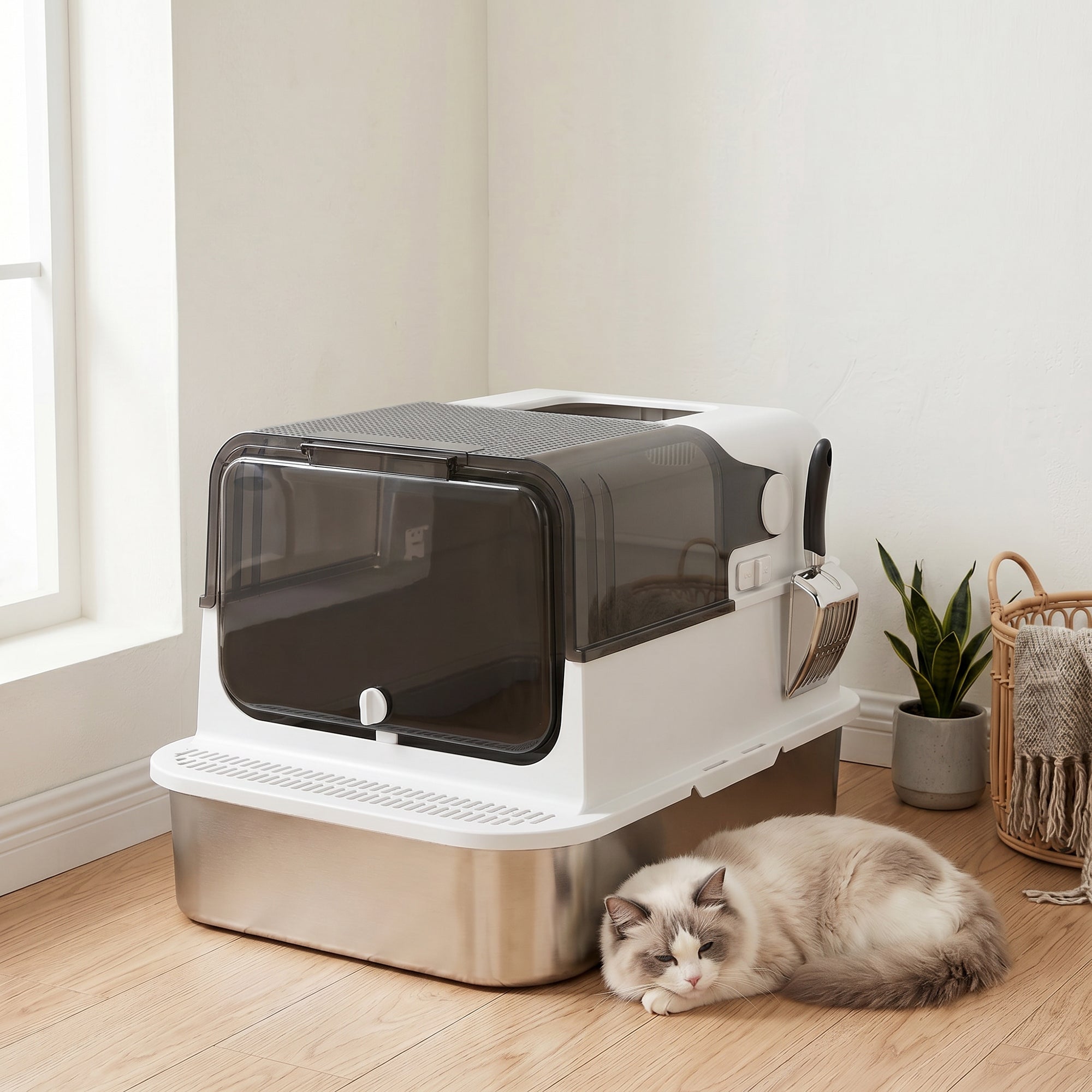 XXL Stainless Steel Enclosed Cat Litter Box – Flip-Top Hood, High Sides, Top Entry, Scoop, Odor Control, Easy to Clean, Leakproof, White