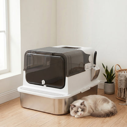 XXL Stainless Steel Enclosed Cat Litter Box – Flip-Top Hood, High Sides, Top Entry, Scoop, Odor Control, Easy to Clean, Leakproof, White