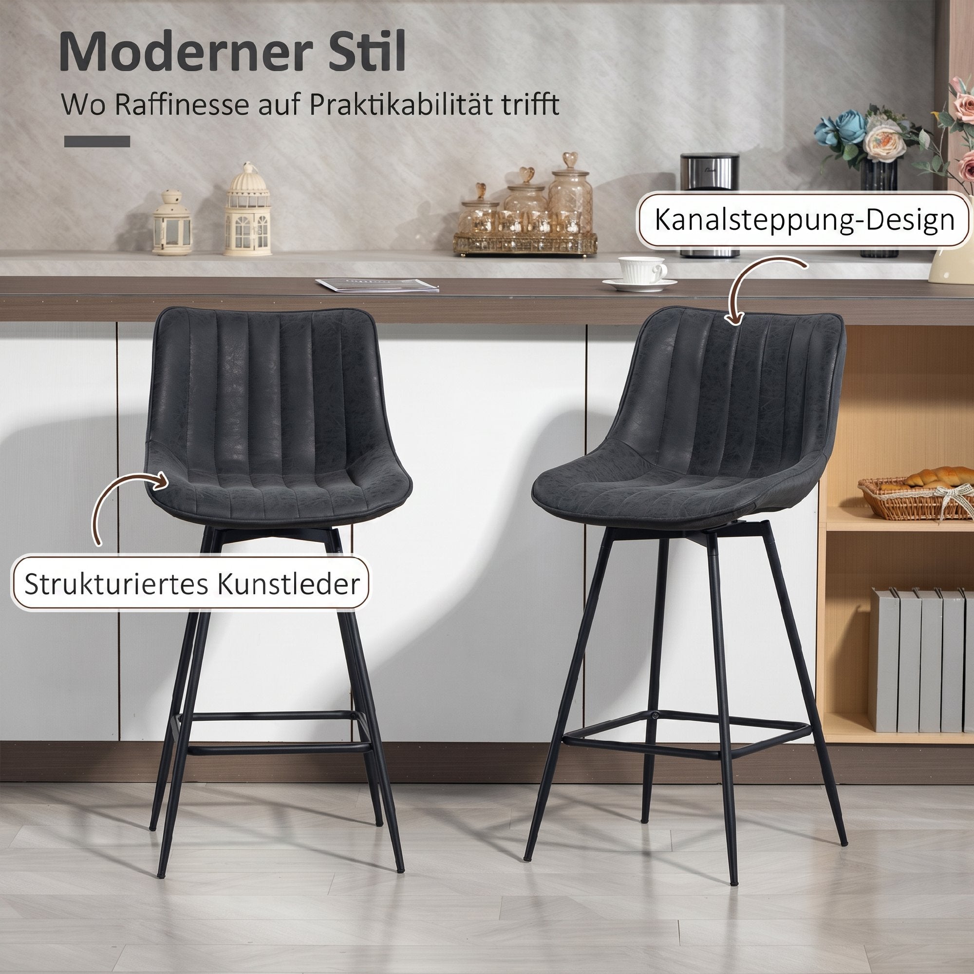 2-Pack Bar Stools, 26.8 in Swivel Counter Stools with Backrest, Padded PU Leather, Footrest & Steel Legs for Kitchen Island and Dining – Black