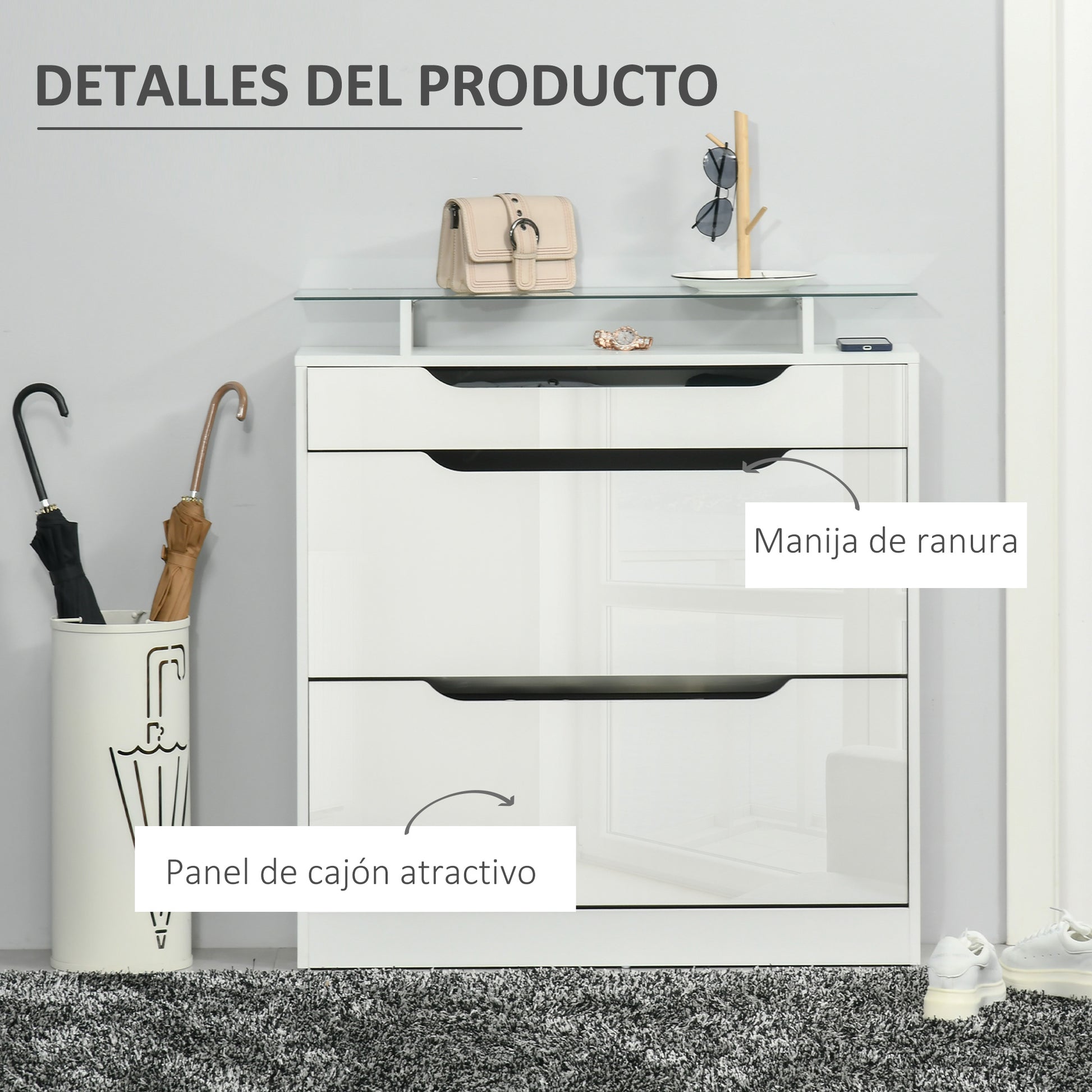 2-Door Shoe Cabinet Narrow Shoe Rack for 16 Pairs of Shoes with Drawer Open Shelf and Glass Top for Hallway Entryway 89x23x96 cm White