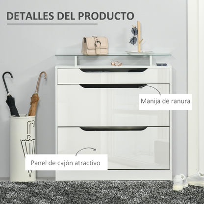 2-Door Shoe Cabinet Narrow Shoe Rack for 16 Pairs of Shoes with Drawer Open Shelf and Glass Top for Hallway Entryway 89x23x96 cm White