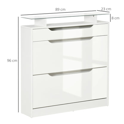 2-Door Shoe Cabinet Narrow Shoe Rack for 16 Pairs of Shoes with Drawer Open Shelf and Glass Top for Hallway Entryway 89x23x96 cm White