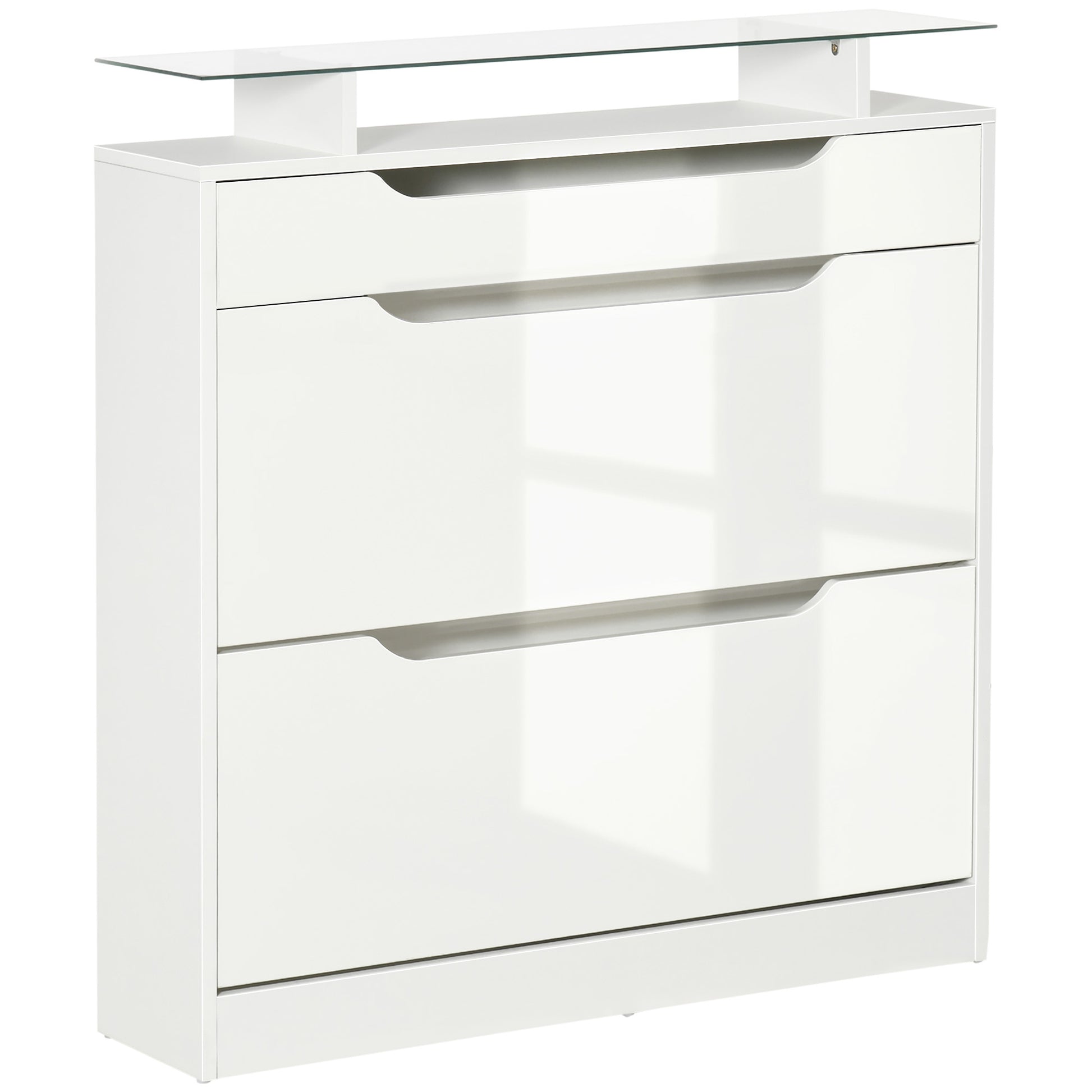 2-Door Shoe Cabinet Narrow Shoe Rack for 16 Pairs of Shoes with Drawer Open Shelf and Glass Top for Hallway Entryway 89x23x96 cm White