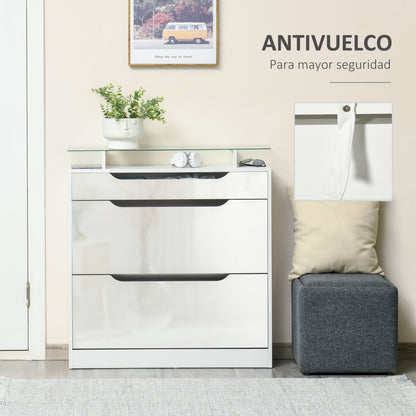 2-Door Shoe Cabinet Narrow Shoe Rack for 16 Pairs of Shoes with Drawer Open Shelf and Glass Top for Hallway Entryway 89x23x96 cm White