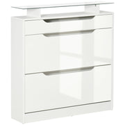 2-Door Shoe Cabinet Narrow Shoe Rack for 16 Pairs of Shoes with Drawer Open Shelf and Glass Top for Hallway Entryway 89x23x96 cm White