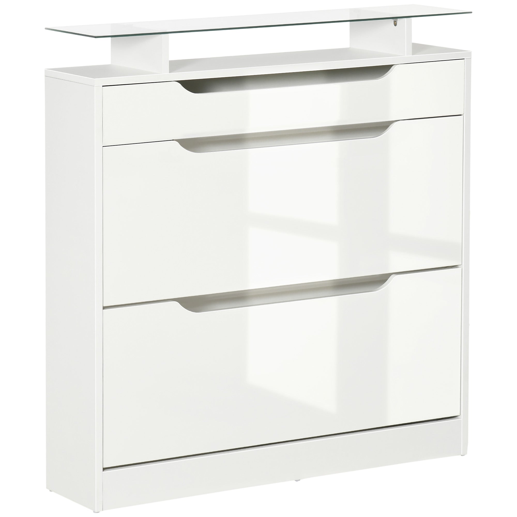 2-Door Shoe Cabinet Narrow Shoe Rack for 16 Pairs of Shoes with Drawer Open Shelf and Glass Top for Hallway Entryway 89x23x96 cm White
