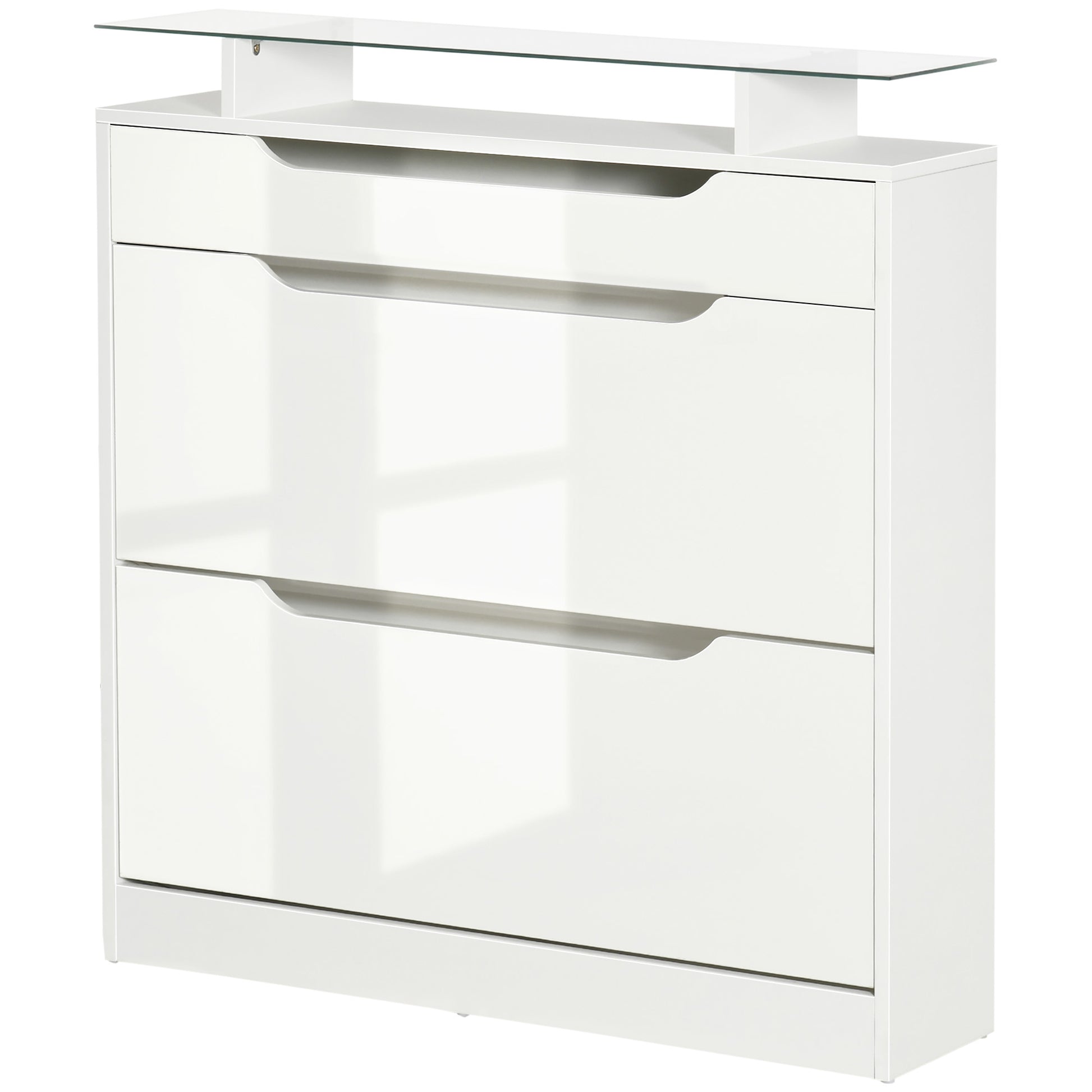 2-Door Shoe Cabinet Narrow Shoe Rack for 16 Pairs of Shoes with Drawer Open Shelf and Glass Top for Hallway Entryway 89x23x96 cm White
