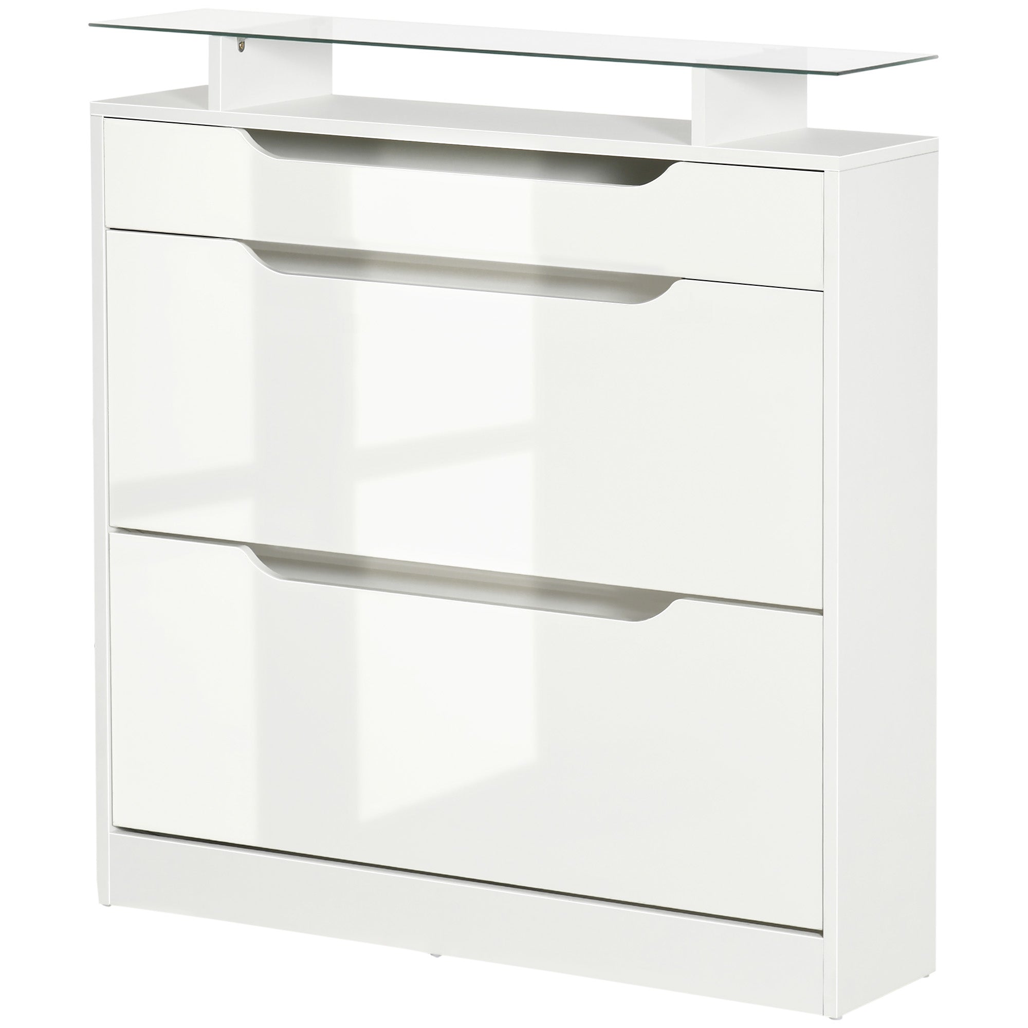 2-Door Shoe Cabinet Narrow Shoe Rack for 16 Pairs of Shoes with Drawer Open Shelf and Glass Top for Hallway Entryway 89x23x96 cm White