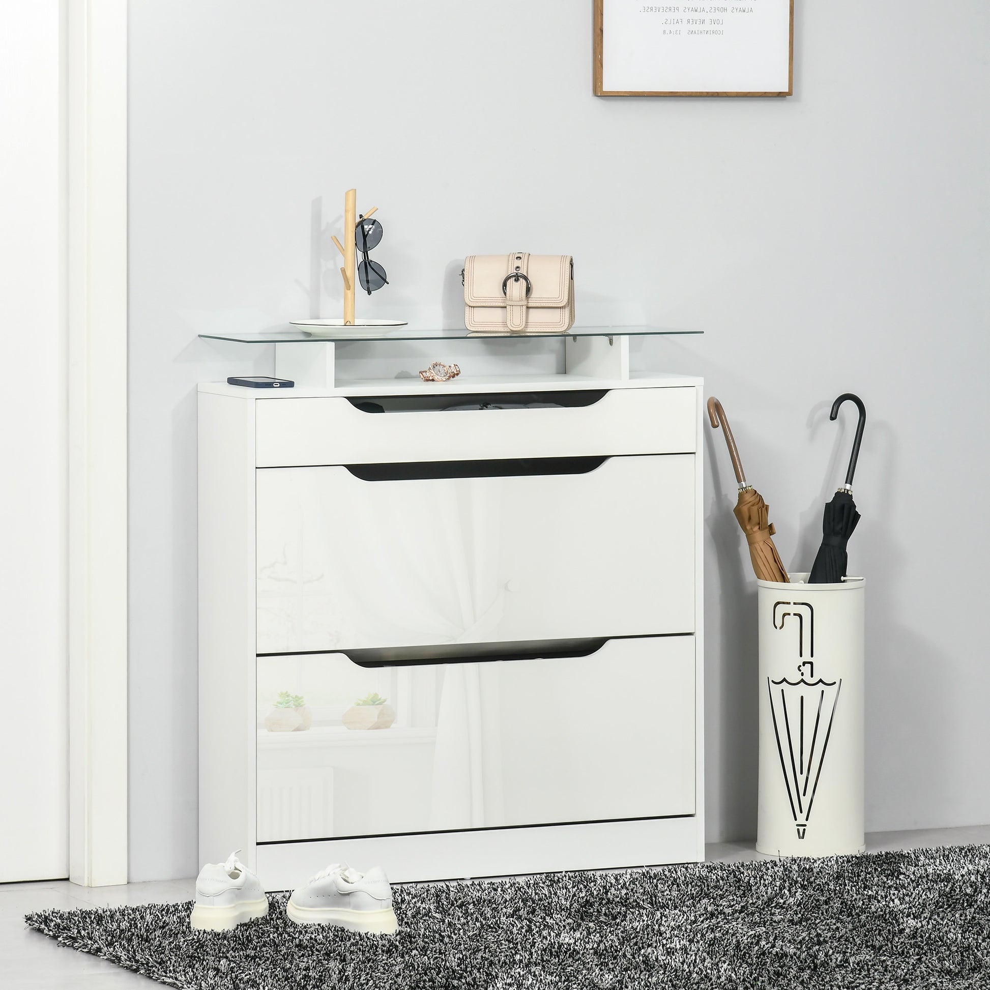 2-Door Shoe Cabinet Narrow Shoe Rack for 16 Pairs of Shoes with Drawer Open Shelf and Glass Top for Hallway Entryway 89x23x96 cm White