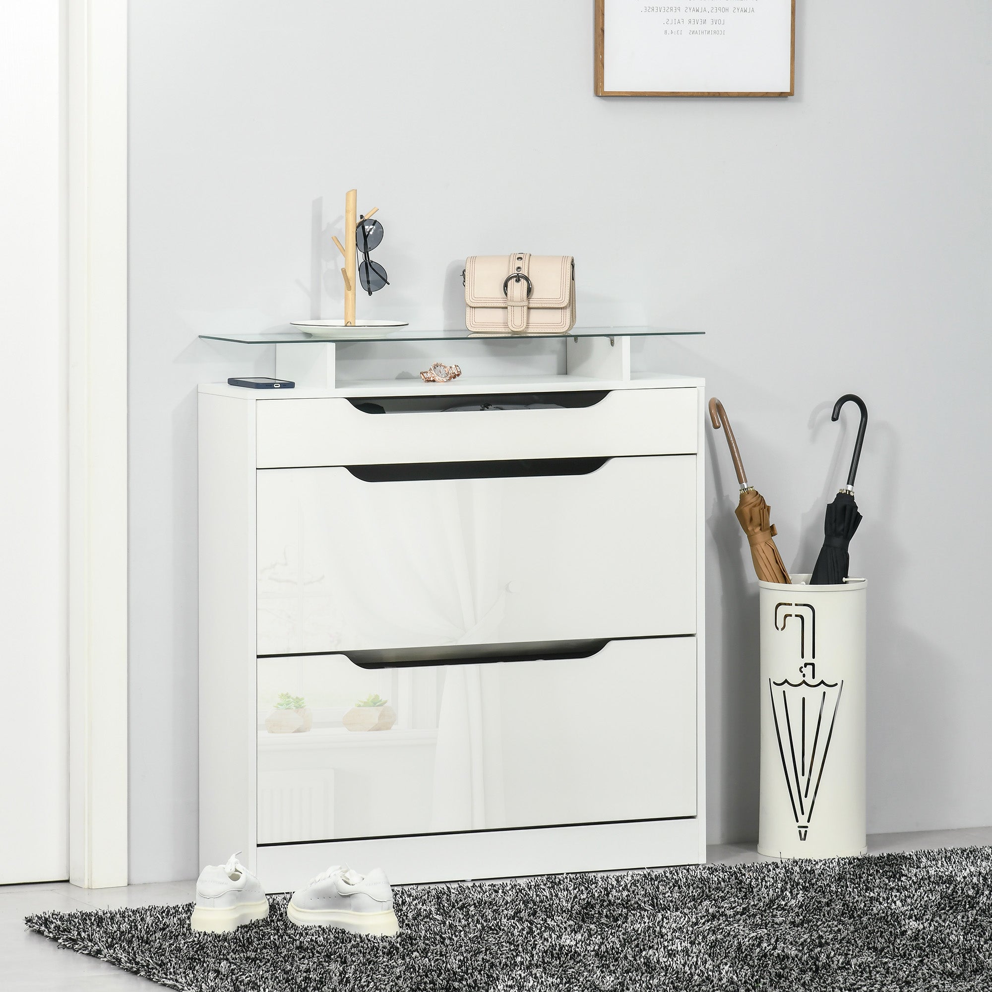 2-Door Shoe Cabinet Narrow Shoe Rack for 16 Pairs of Shoes with Drawer Open Shelf and Glass Top for Hallway Entryway 89x23x96 cm White