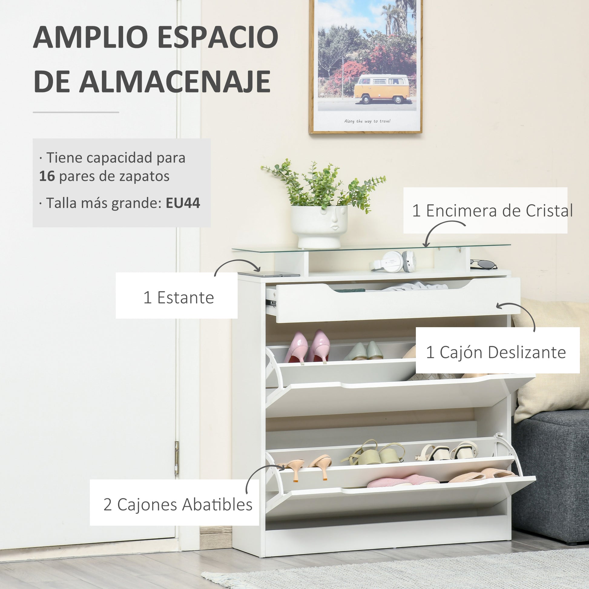 2-Door Shoe Cabinet Narrow Shoe Rack for 16 Pairs of Shoes with Drawer Open Shelf and Glass Top for Hallway Entryway 89x23x96 cm White