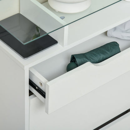 2-Door Shoe Cabinet Narrow Shoe Rack for 16 Pairs of Shoes with Drawer Open Shelf and Glass Top for Hallway Entryway 89x23x96 cm White