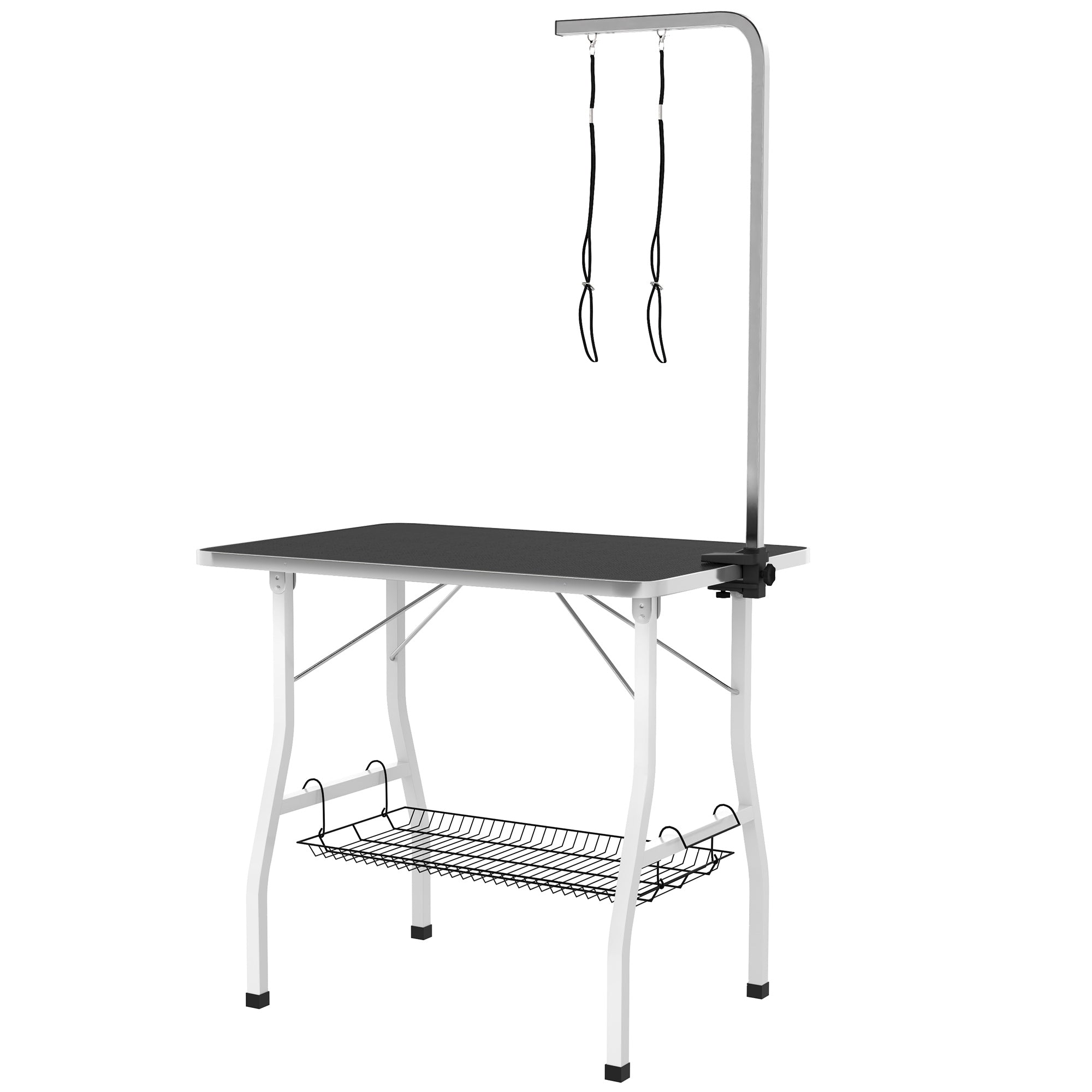 Dog Grooming Table, Folding Grooming Table for Dogs, Pet Grooming Table with Mesh Basket, Loops, for Hair Drying, Hair Cutting, Up to 40kg Load Capacity Black+White