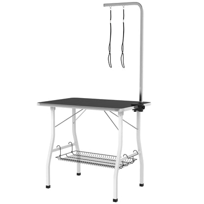 Dog Grooming Table, Folding Grooming Table for Dogs, Pet Grooming Table with Mesh Basket, Loops, for Hair Drying, Hair Cutting, Up to 40kg Load Capacity Black+White