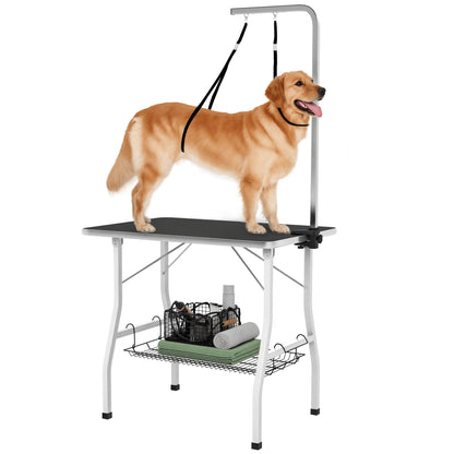 Dog Grooming Table, Folding Grooming Table for Dogs, Pet Grooming Table with Mesh Basket, Loops, for Hair Drying, Hair Cutting, Up to 40kg Load Capacity Black+White
