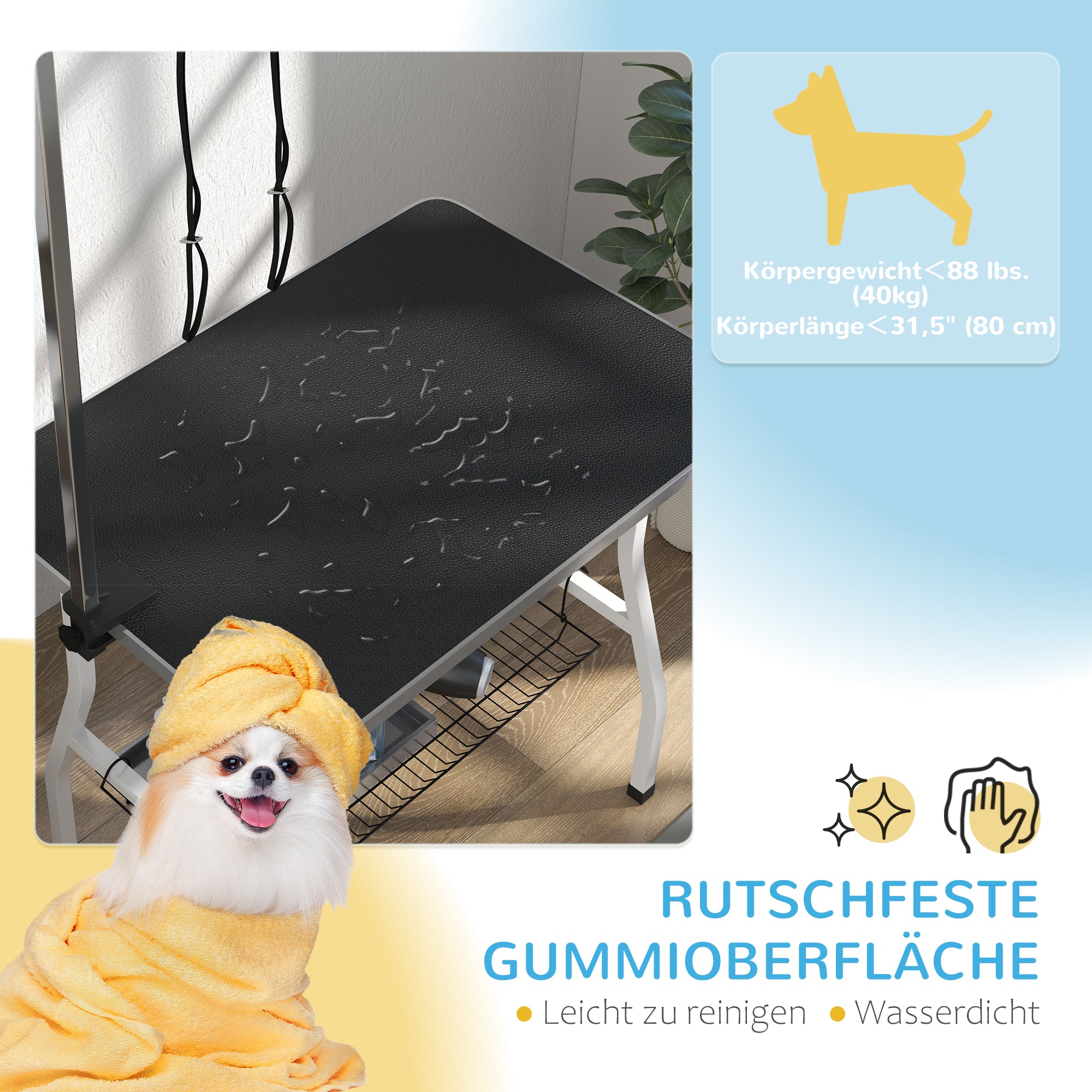 Dog Grooming Table, Folding Grooming Table for Dogs, Pet Grooming Table with Mesh Basket, Loops, for Hair Drying, Hair Cutting, Up to 40kg Load Capacity Black+White