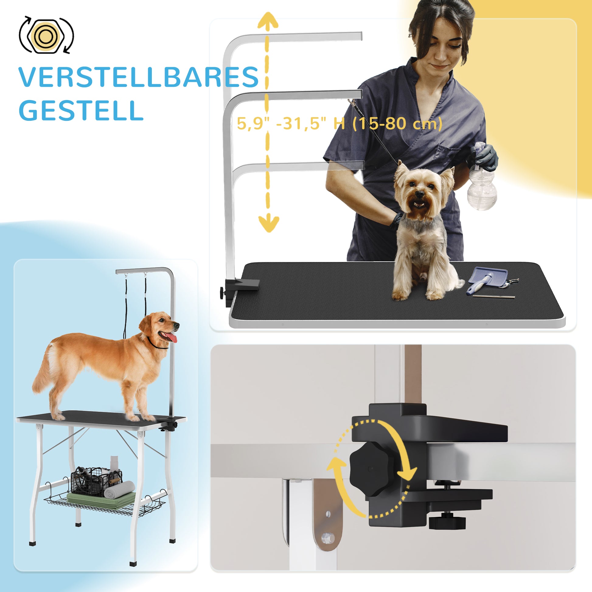Dog Grooming Table, Folding Grooming Table for Dogs, Pet Grooming Table with Mesh Basket, Loops, for Hair Drying, Hair Cutting, Up to 40kg Load Capacity Black+White