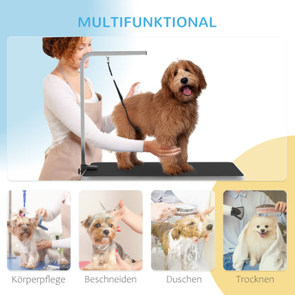 Dog Grooming Table, Folding Grooming Table for Dogs, Pet Grooming Table with Mesh Basket, Loops, for Hair Drying, Hair Cutting, Up to 40kg Load Capacity Black+White