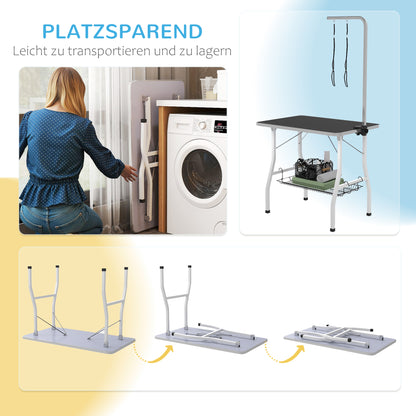 Dog Grooming Table, Folding Grooming Table for Dogs, Pet Grooming Table with Mesh Basket, Loops, for Hair Drying, Hair Cutting, Up to 40kg Load Capacity Black+White