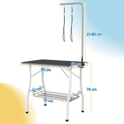 Dog Grooming Table, Folding Grooming Table for Dogs, Pet Grooming Table with Mesh Basket, Loops, for Hair Drying, Hair Cutting, Up to 40kg Load Capacity Black+White