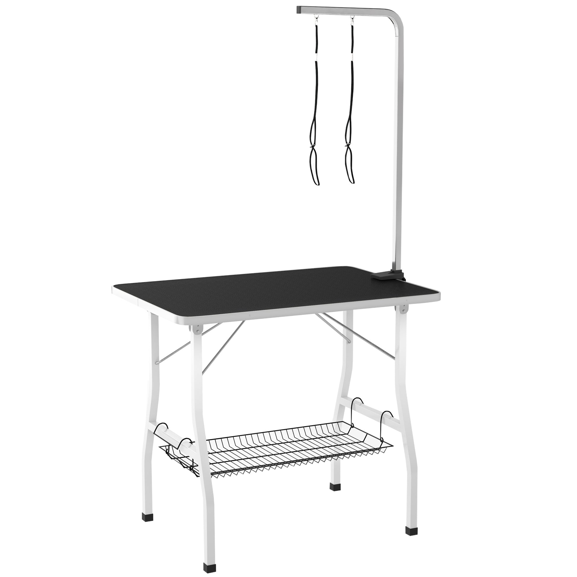 Dog Grooming Table, Folding Grooming Table for Dogs, Pet Grooming Table with Mesh Basket, Loops, for Hair Drying, Hair Cutting, Up to 40kg Load Capacity Black+White