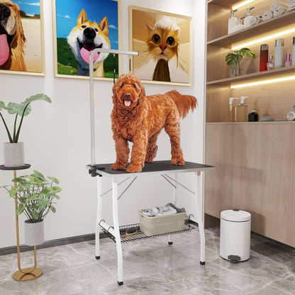 Dog Grooming Table, Folding Grooming Table for Dogs, Pet Grooming Table with Mesh Basket, Loops, for Hair Drying, Hair Cutting, Up to 40kg Load Capacity Black+White