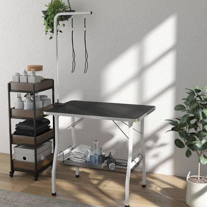 Dog Grooming Table, Folding Grooming Table for Dogs, Pet Grooming Table with Mesh Basket, Loops, for Hair Drying, Hair Cutting, Up to 40kg Load Capacity Black+White