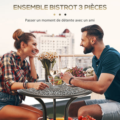 2-Seater Garden Set 2 Chairs + Round Table in Retro Charm Cast Aluminum, Bronze