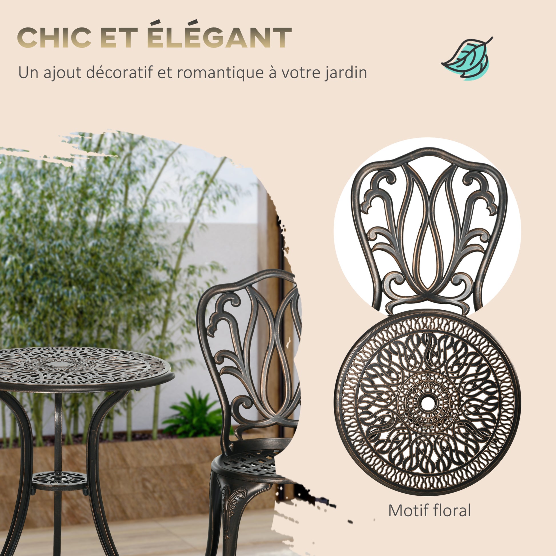 2-Seater Garden Set 2 Chairs + Round Table in Retro Charm Cast Aluminum, Bronze