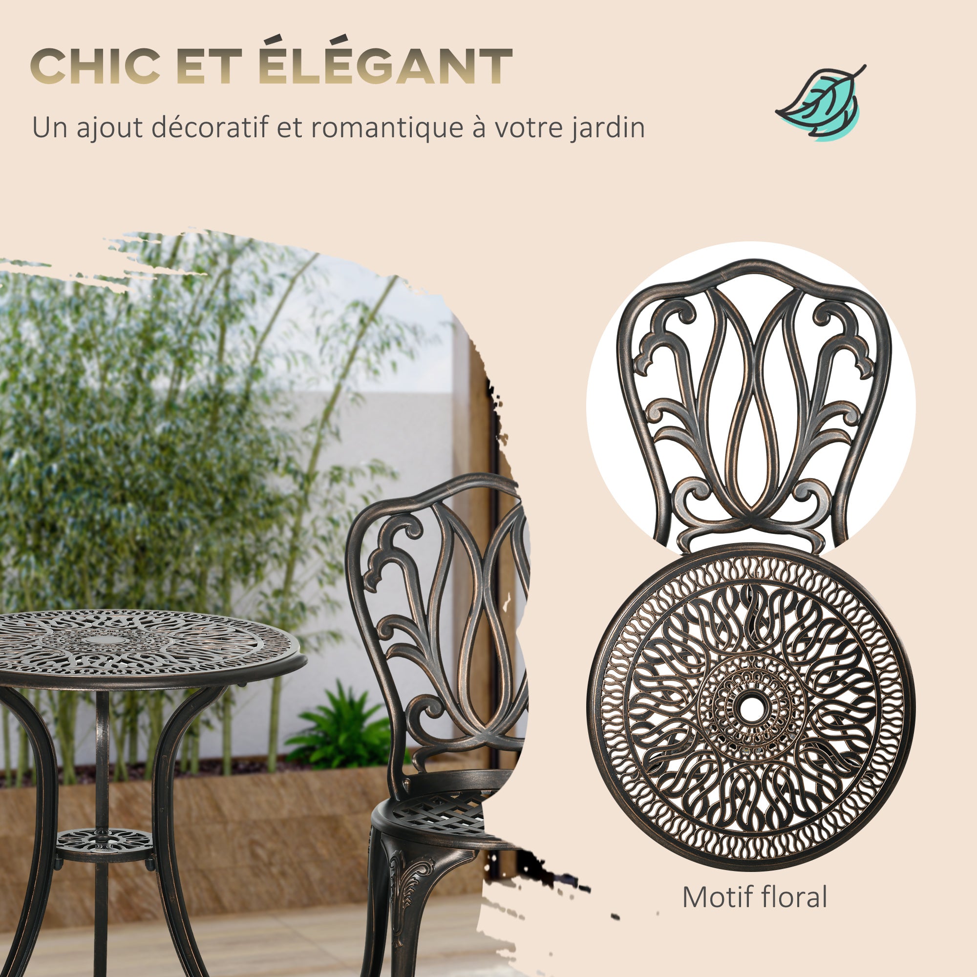 2-Seater Garden Set 2 Chairs + Round Table in Retro Charm Cast Aluminum, Bronze