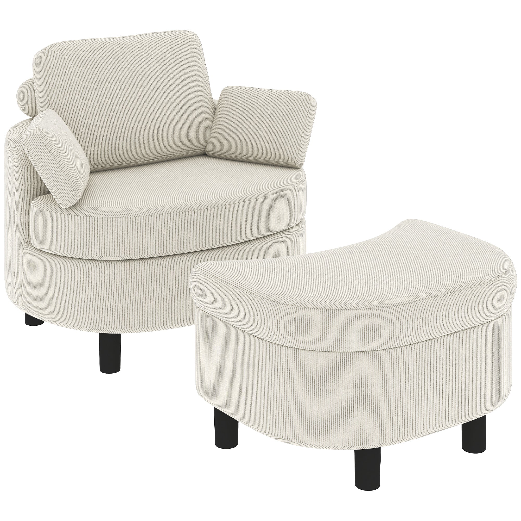 Cord Upholstered Lounge Chair with Storage Ottoman, Adjustable Headrest — Wide Relaxing Armchair for Living Room & Bedroom, Cream