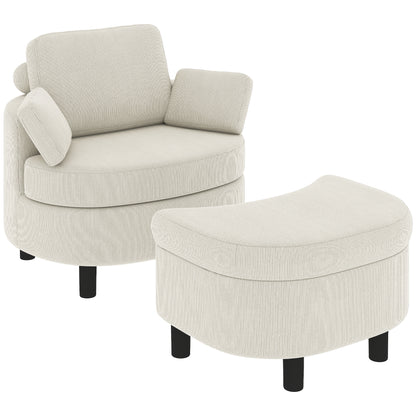 Cord Upholstered Lounge Chair with Storage Ottoman, Adjustable Headrest — Wide Relaxing Armchair for Living Room & Bedroom, Cream