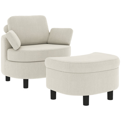 Cord Upholstered Lounge Chair with Storage Ottoman, Adjustable Headrest — Wide Relaxing Armchair for Living Room & Bedroom, Cream
