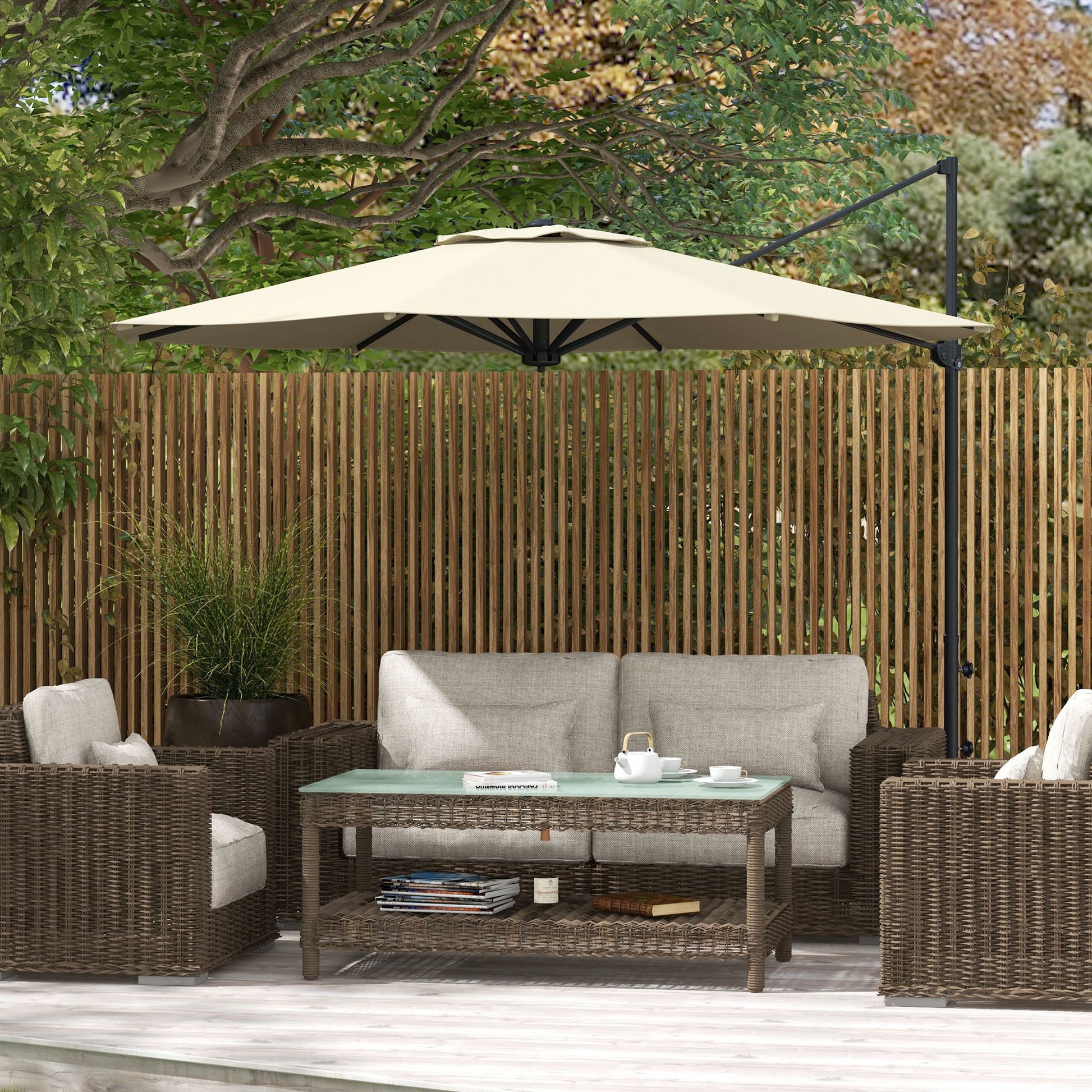 Garden Parasol Ø294x242 cm Terrace Umbrella with Adjustable Height 360° Rotating Post Adjustable Roof Angle and Top Ventilation for Patio Pool Cream