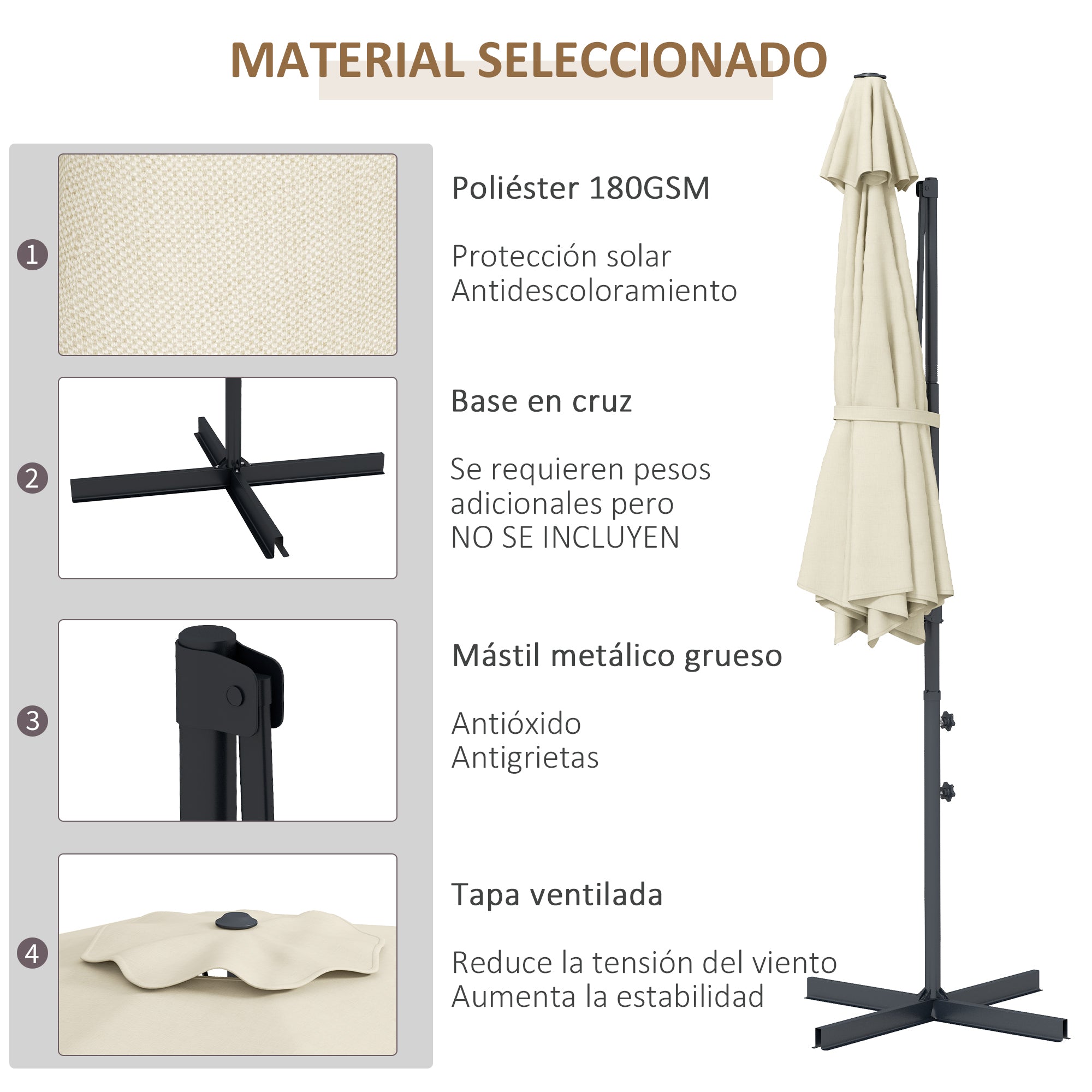 Garden Parasol Ø294x242 cm Terrace Umbrella with Adjustable Height 360° Rotating Post Adjustable Roof Angle and Top Ventilation for Patio Pool Cream